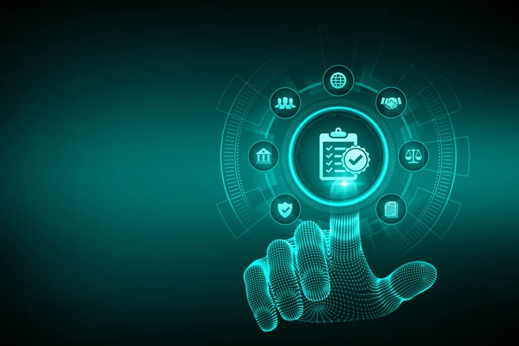 Wireframe Hand berührt digitales Interface mit Icons - Schnittstellenprogrammierung